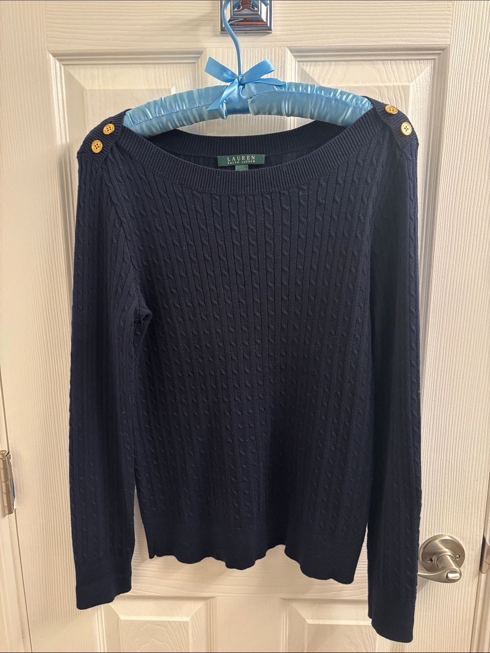 Lauren Ralph Lauren Navy Cable-Texture Boatneck Sweater with Gold Buttons - M